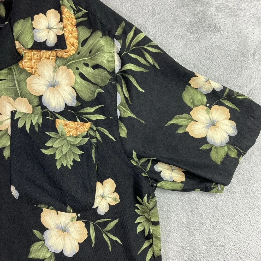 Caribbean Joe Hawaiian Shirt Men Large Black Floral Pineapple Button Up Aloha